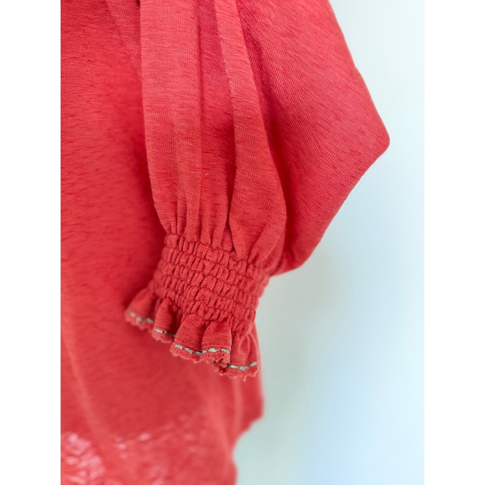 Free People Coral Pink Crochet Embroidered Henley Boho Long Sleeve Top Women M - Picture 12 of 15